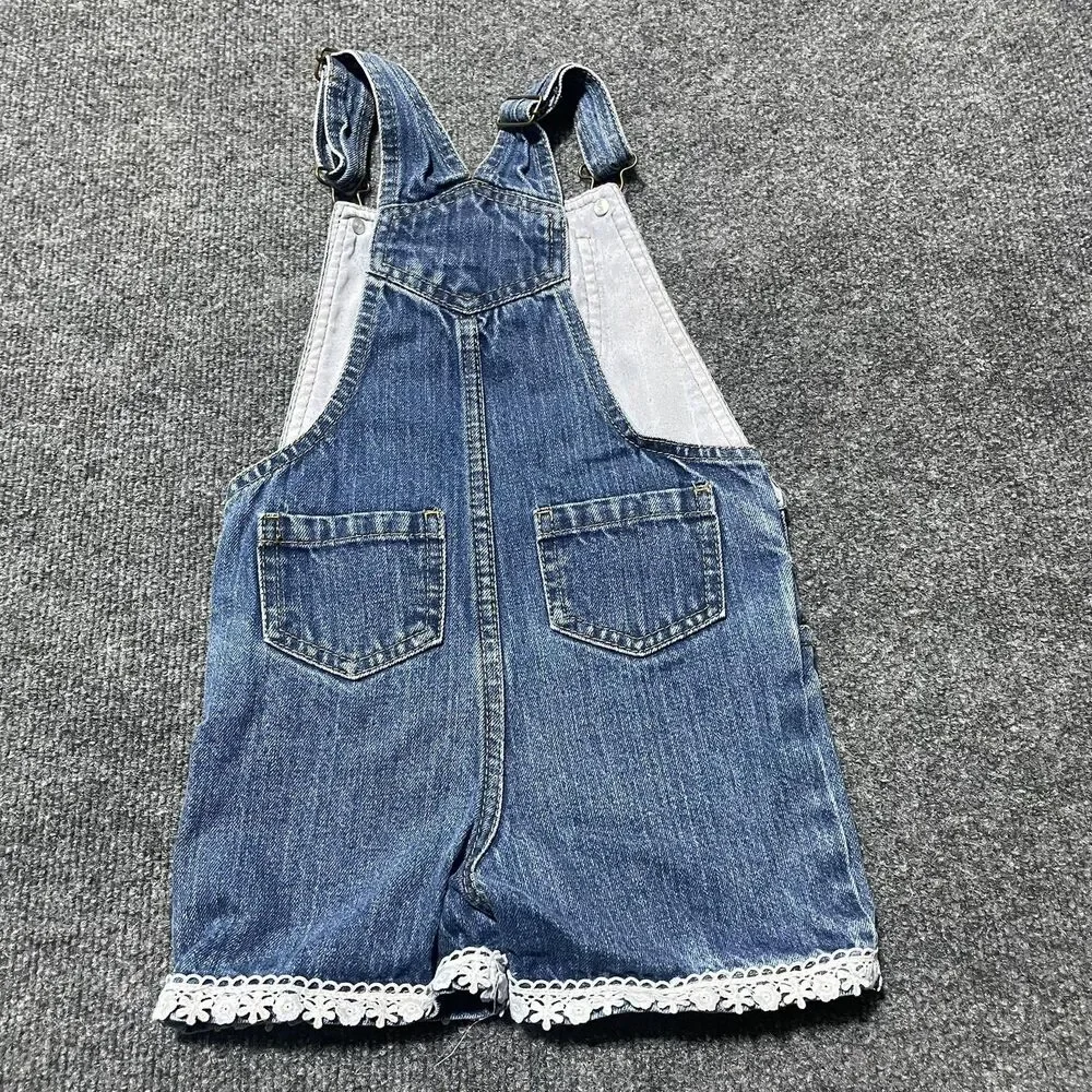 Self Esteem Denim Overalls Shortalls Girl 4T Blue Embroidered Flowers Lace Trim